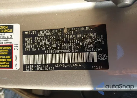 2009 Toyota Camry Le from USA, damaged, VIN 4T1BE46K99U854514